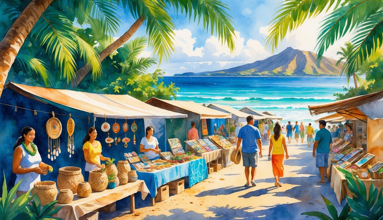 A Hawaiian marketplace with artisans displaying handmade crafts surrounded by tropical plants and ocean views, with people browsing the stalls.