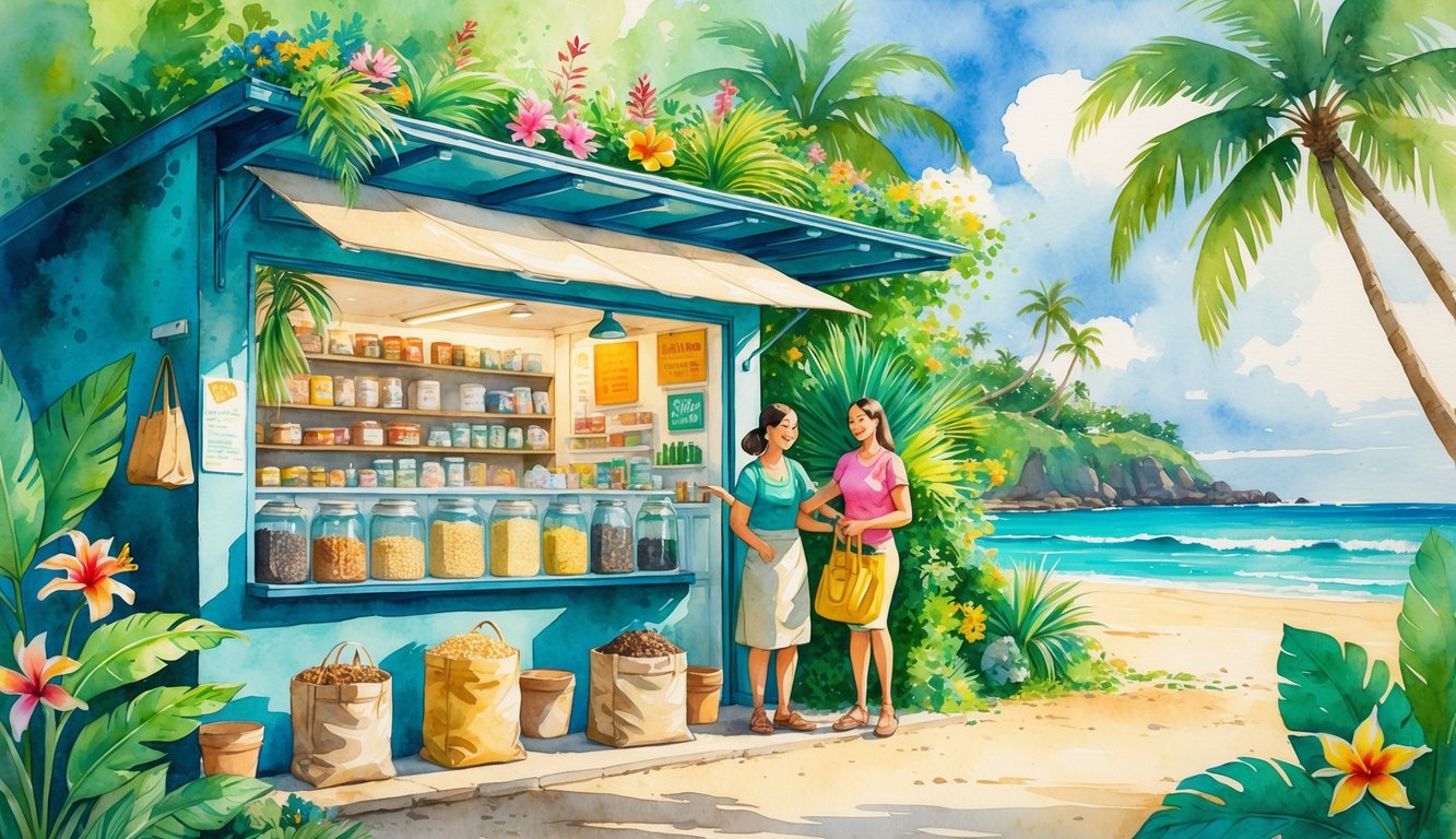 A small eco-friendly shop in Hawaii with tropical plants, reusable containers, and customers shopping outdoors near palm trees and a beach.