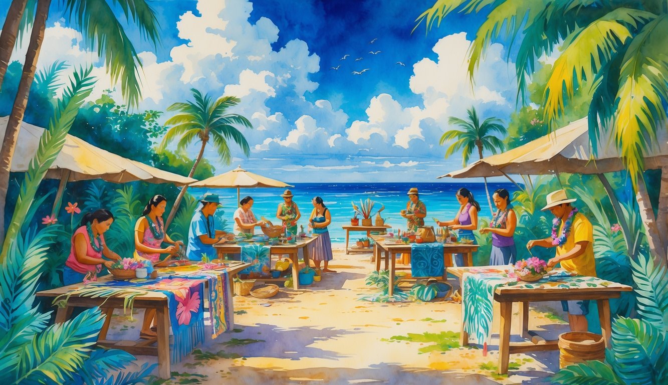 People making handmade crafts outdoors surrounded by tropical plants and ocean in the background.