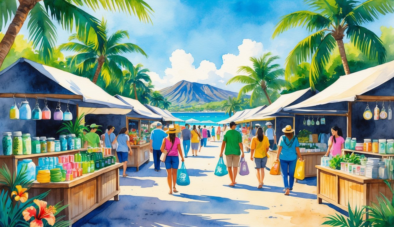 A colorful outdoor market in Hawaii with people shopping at stalls that sell eco-friendly products, surrounded by palm trees, flowers, ocean, and mountains.