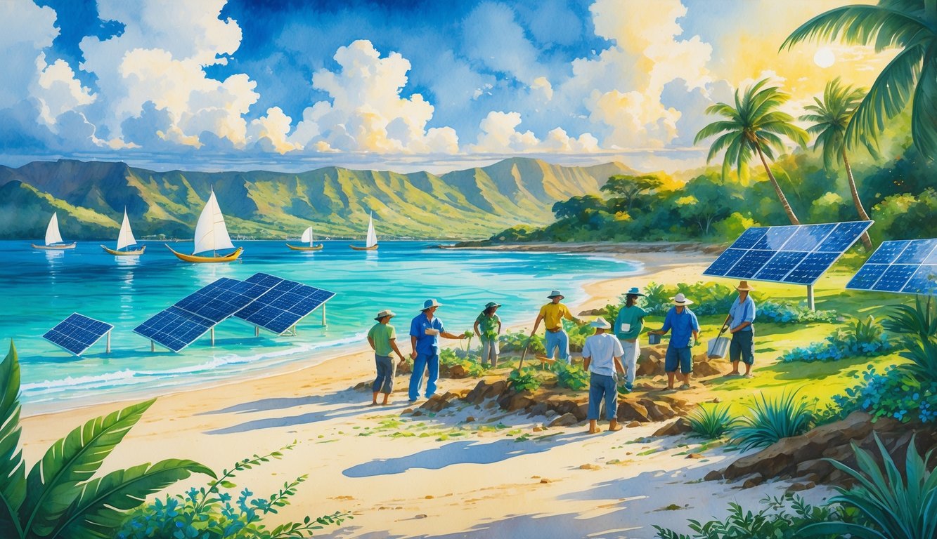 A Hawaiian coastline with palm trees, people planting trees and using renewable energy devices, mountains in the background under a partly cloudy sky.
