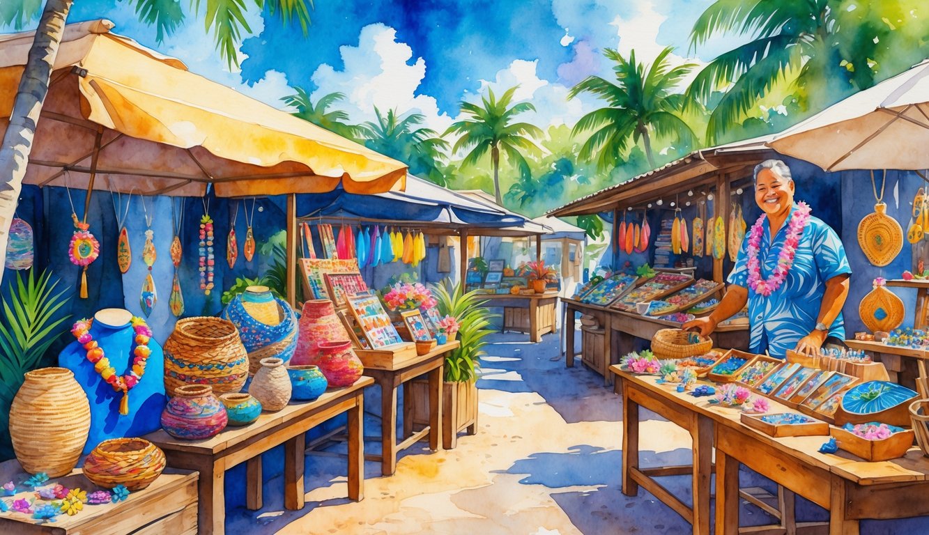 A Hawaiian marketplace with handmade crafts displayed on tables, surrounded by tropical plants and palm trees, with a smiling vendor.