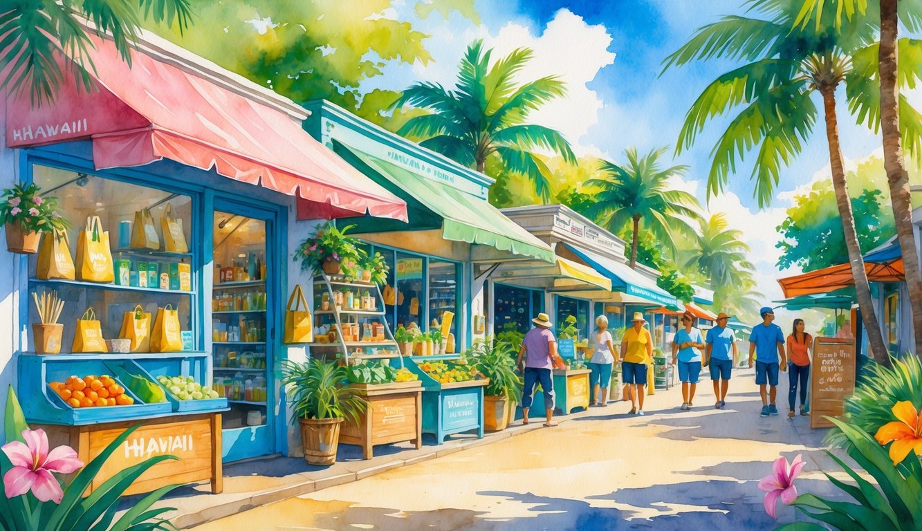 A lively Hawaiian street with local zero-waste shops, tropical plants, and people shopping outdoors.
