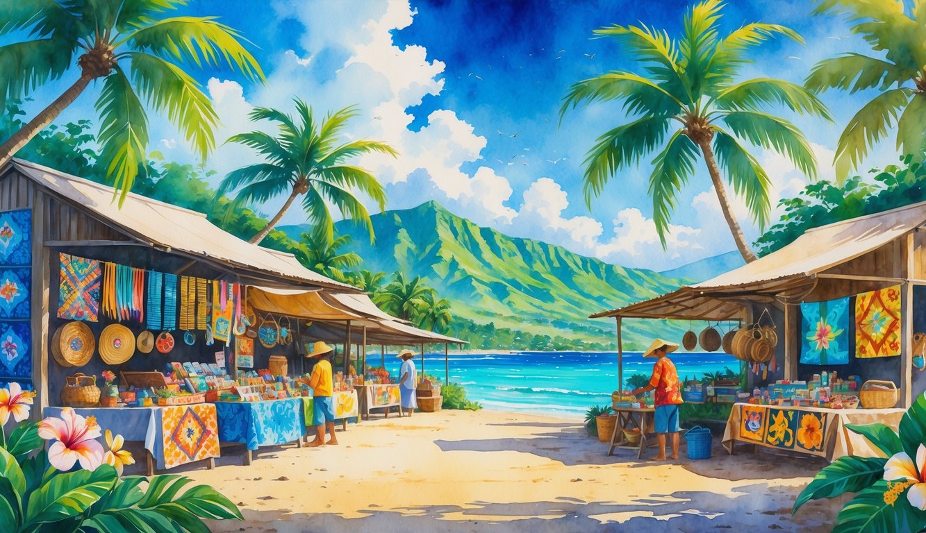 A peaceful Hawaiian coastal village with market stalls displaying handmade crafts, palm trees, mountains, and the ocean in the background.