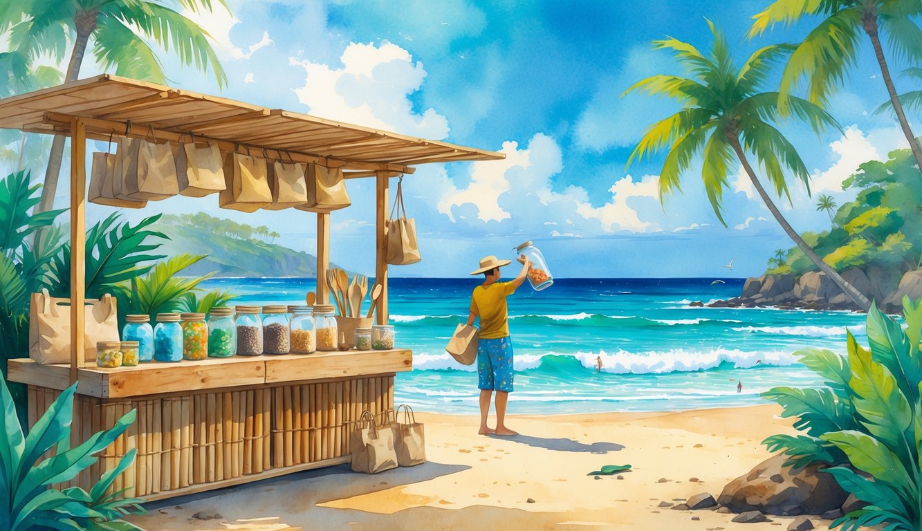 A Hawaiian beach market with eco-friendly products and tropical plants near the ocean shore.