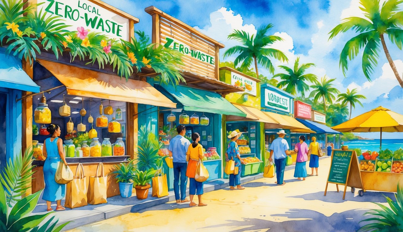 A Hawaiian street with local shops surrounded by tropical plants and people shopping using reusable bags and containers.