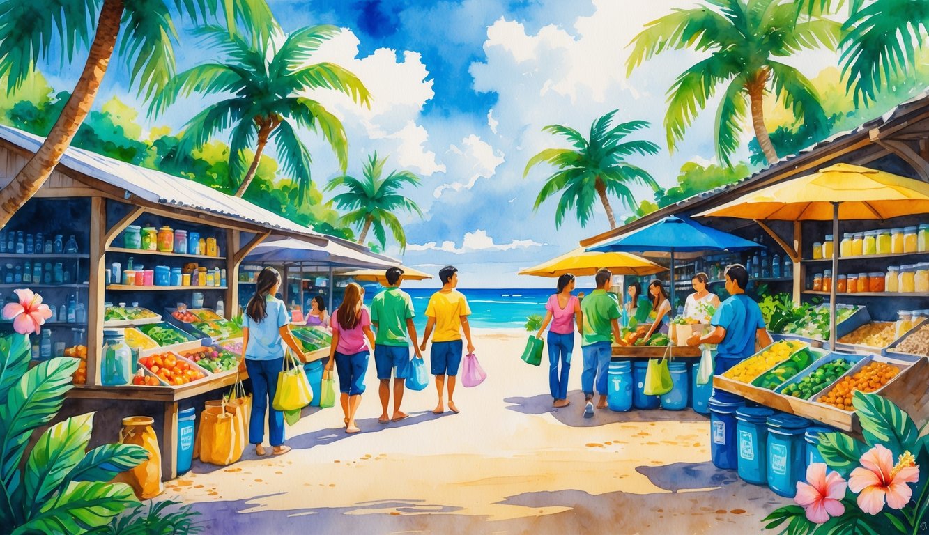 A lively outdoor market on Oahu with people shopping for sustainable products among tropical plants and ocean views.
