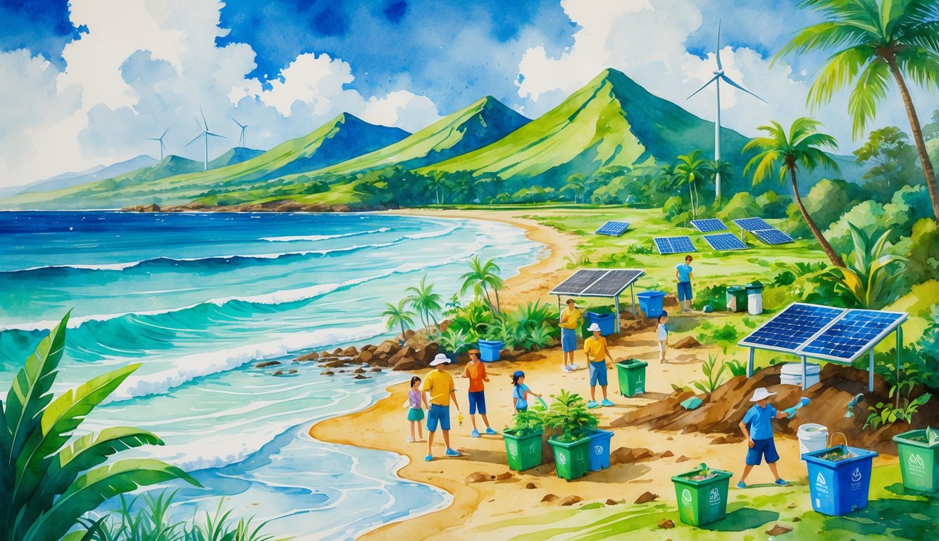 A Hawaiian landscape with green mountains, a clean beach, people planting trees and sorting waste, solar panels, and wind turbines in the background.