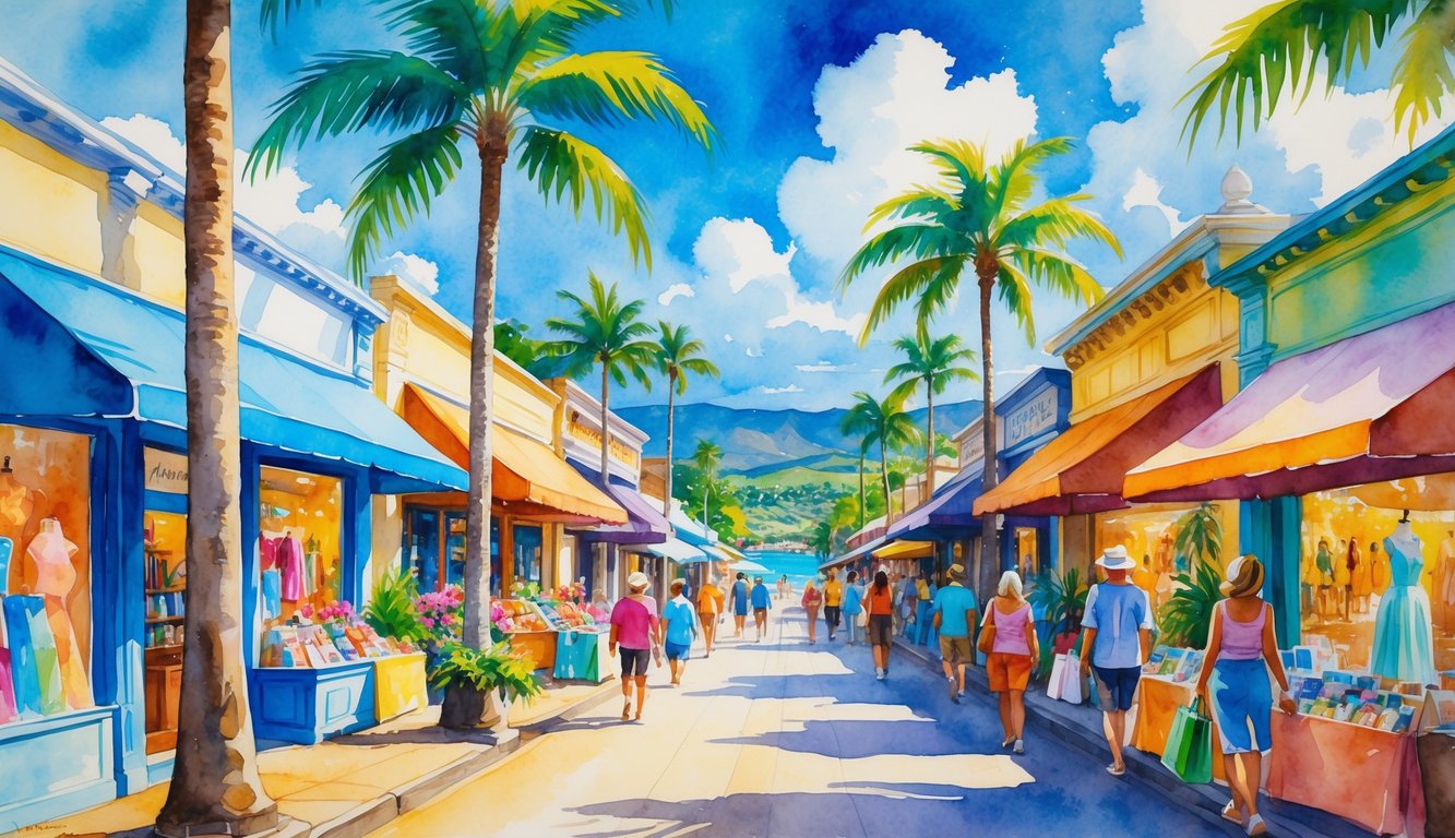A busy shopping street in Lahaina, Maui, with people walking among colorful shops, palm trees, and tropical flowers under a bright sky.