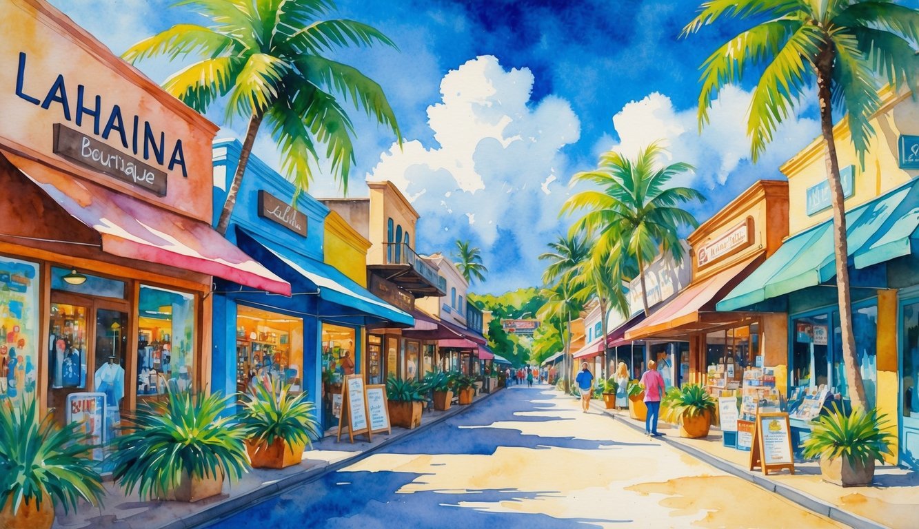 A lively street in Lahaina, Maui, with colorful shops, palm trees, and people shopping outdoors on a sunny day.