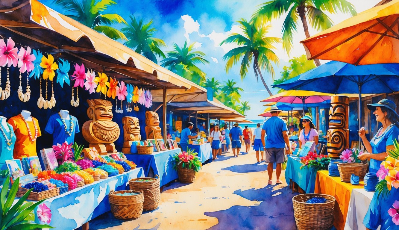 An outdoor market in Lahaina, Maui, with stalls selling Hawaiian souvenirs and keepsakes, palm trees, and people shopping under a sunny sky.