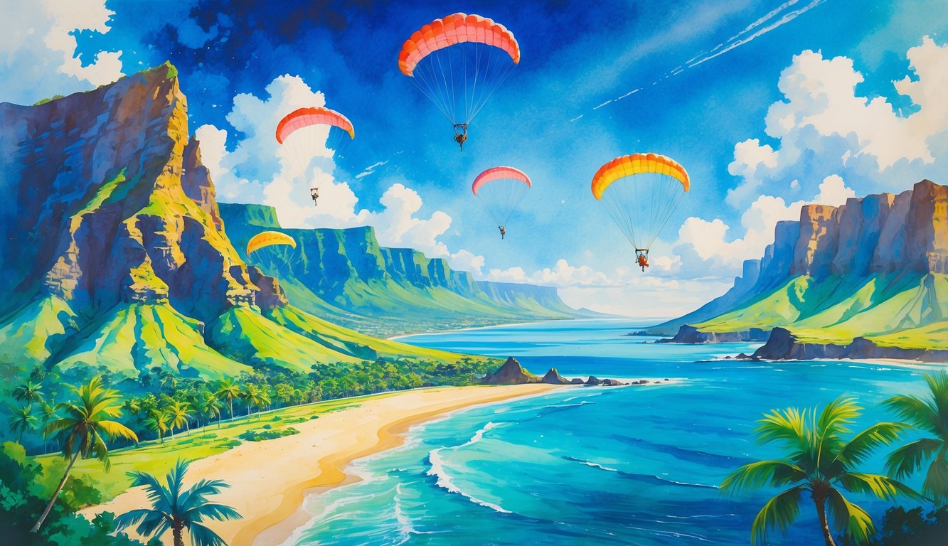 Colorful parachutes descending over green mountains and cliffs by the ocean with palm trees and a sandy beach in the background.