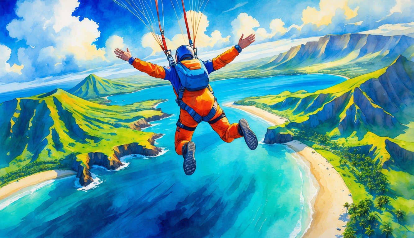 A person skydiving over green Hawaiian mountains, blue ocean, and sandy beaches under a bright sky with clouds.