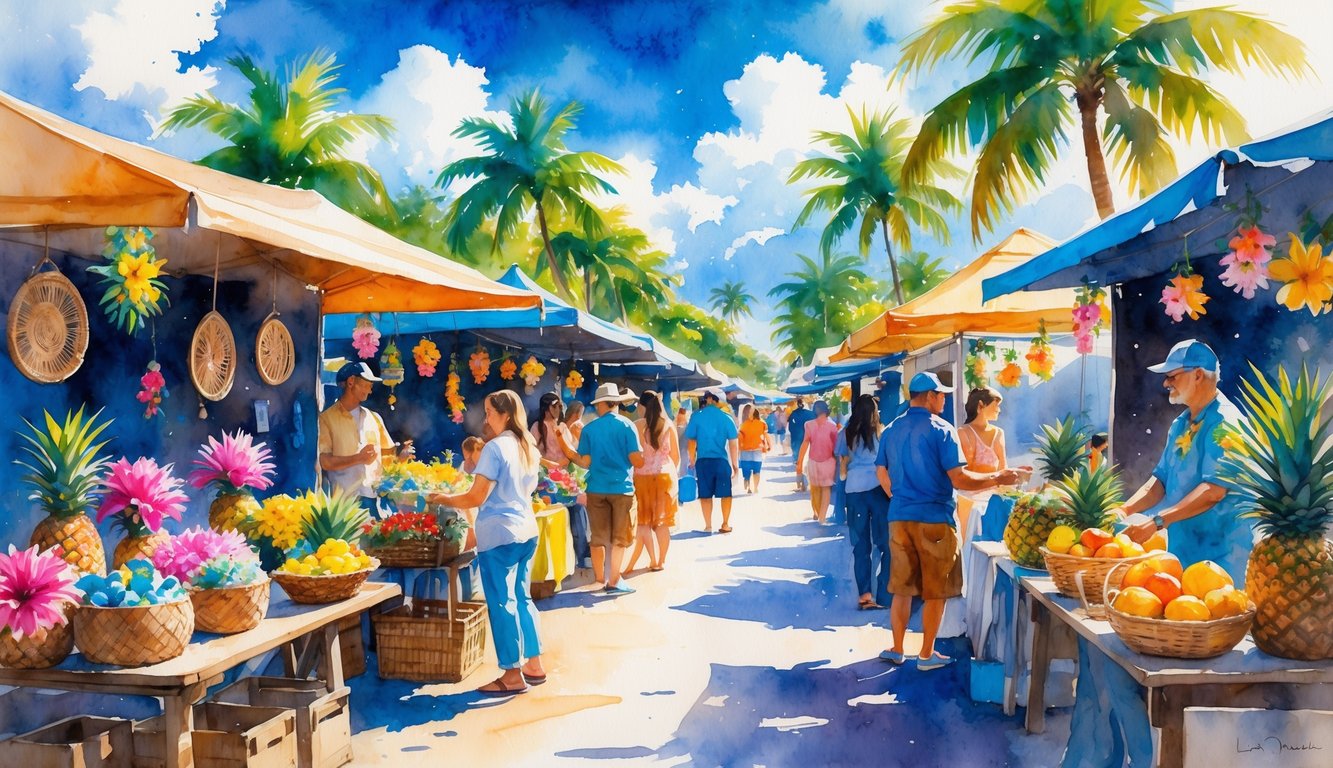 A bustling outdoor market in Lahaina, Maui with colorful stalls, vendors, and visitors surrounded by palm trees and tropical fruits.