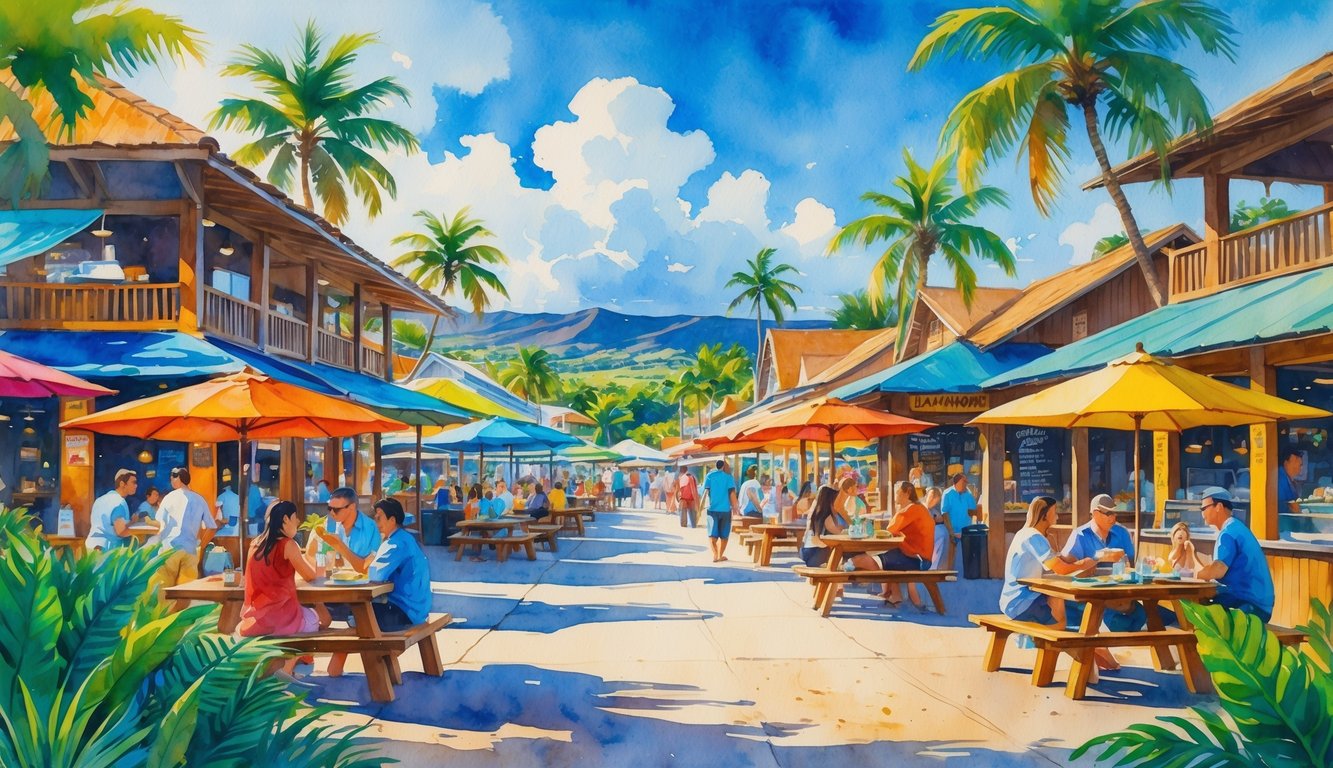 A lively outdoor food court in Lahaina, Maui with people eating at tables surrounded by tropical plants and palm trees, with ocean and hills visible in the background.