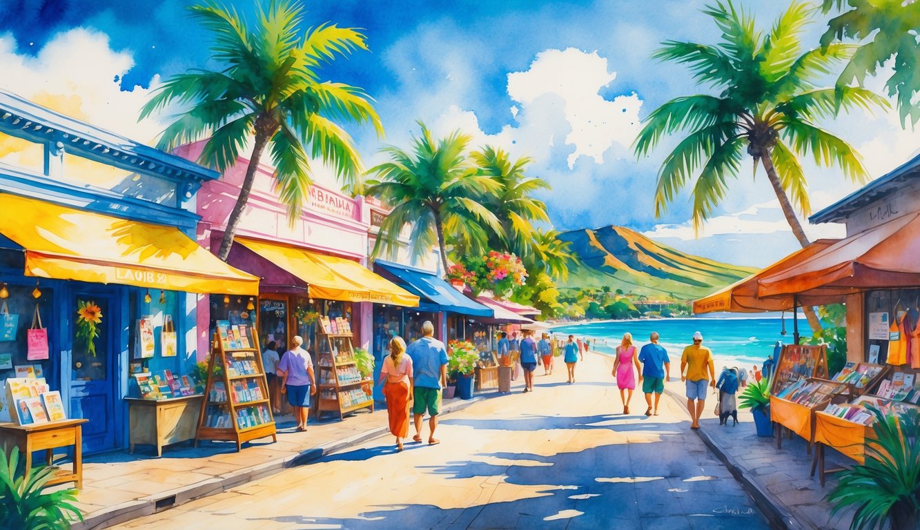 A bustling shopping street in Lahaina, Maui, with people walking among colorful shops, palm trees, and tropical plants near the ocean.