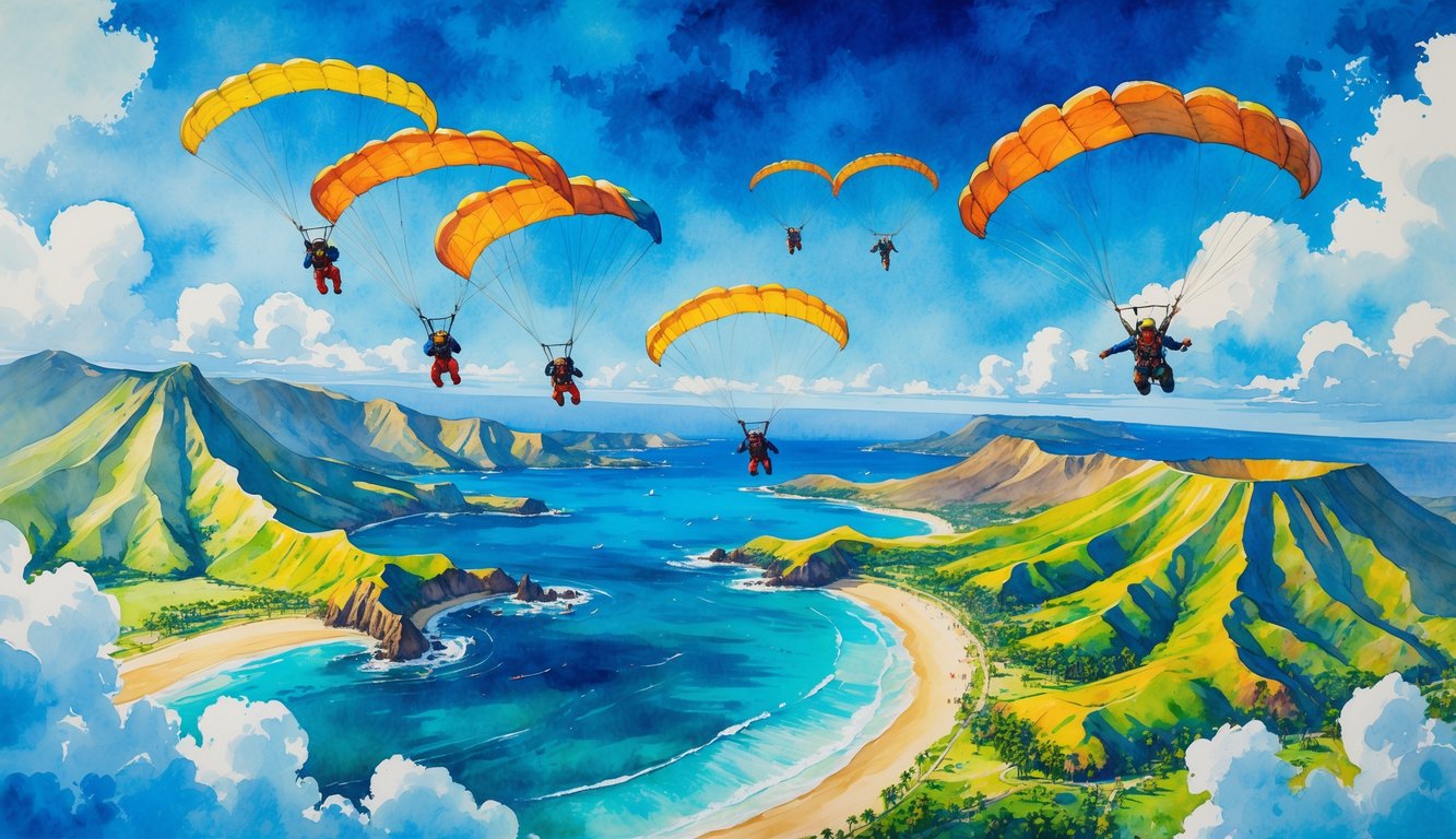 Skydivers descending over green mountains and blue ocean with sandy beaches and palm trees below.