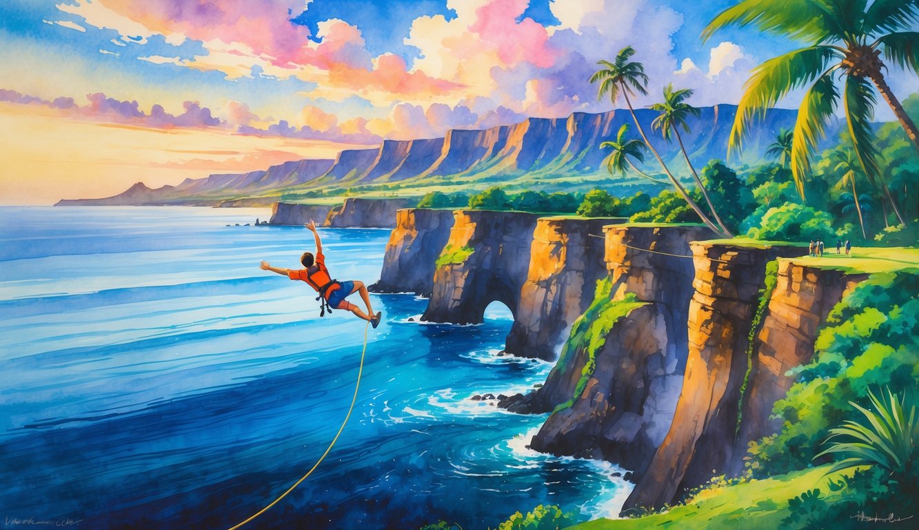 A person bungee jumping from a cliff over the ocean surrounded by tropical trees and mountains in the background.