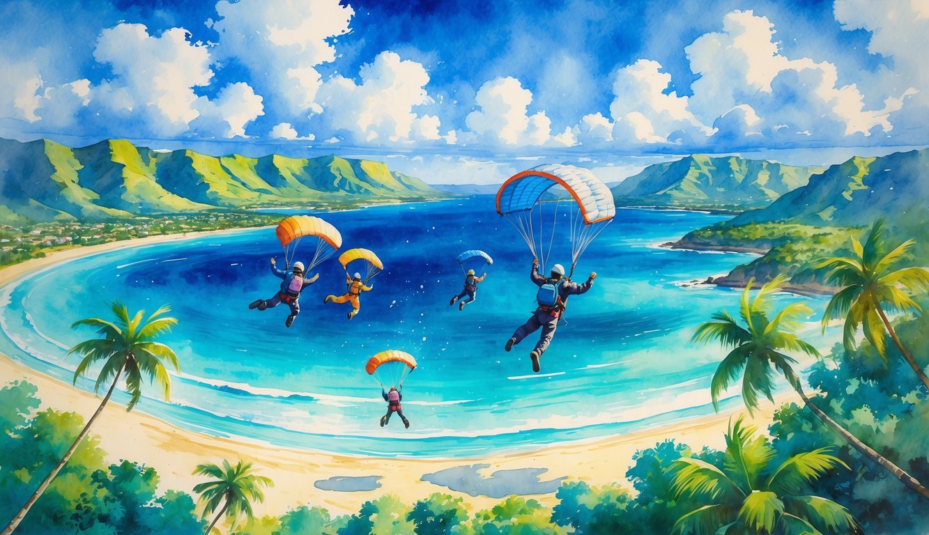 Skydivers descending over green mountains and turquoise ocean with a skydiving instructor preparing a parachute on the ground.
