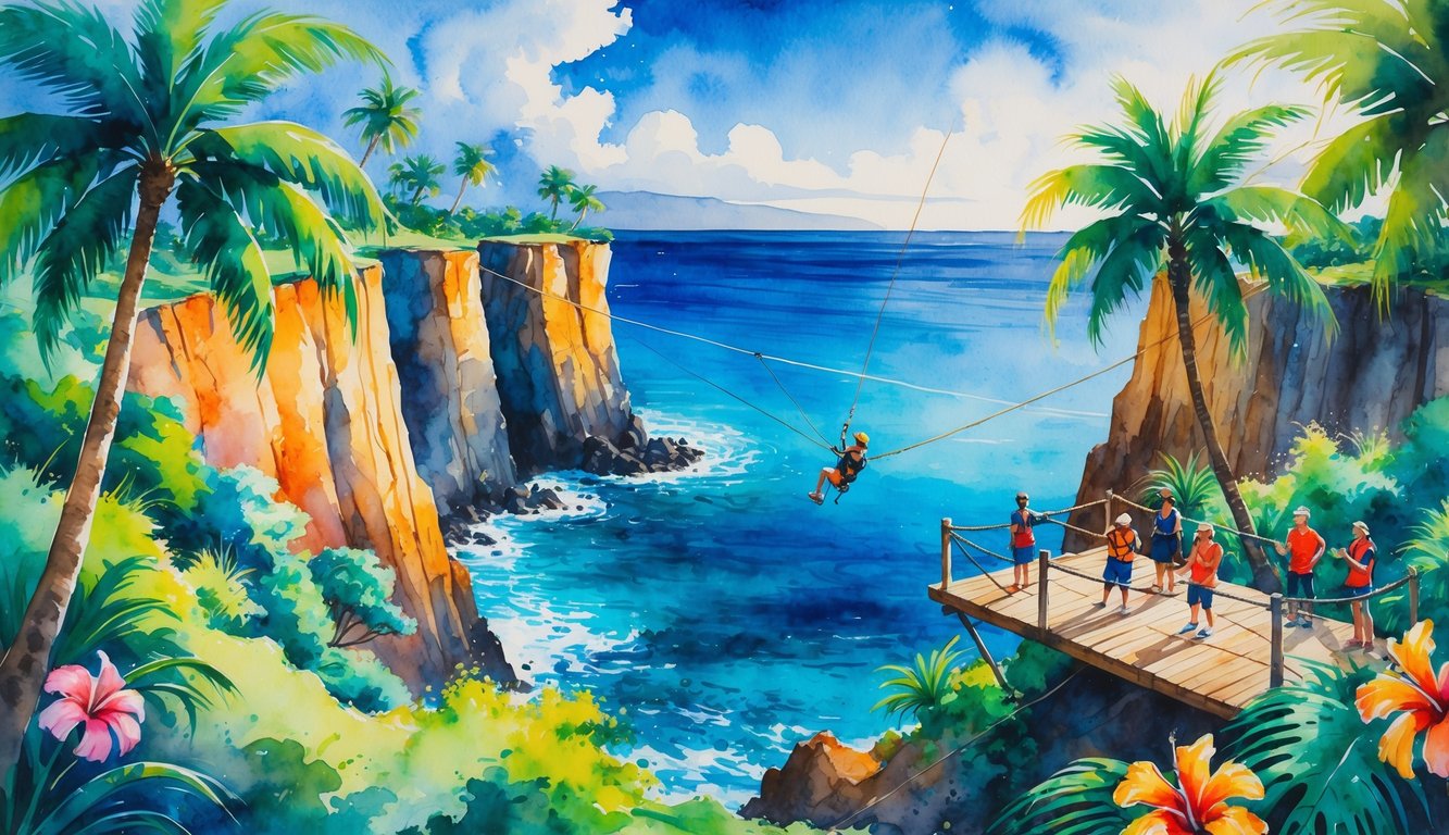 A person bungee jumping over a tropical Hawaiian landscape with palm trees, cliffs, and the ocean in the background, watched by a small group of people on a wooden platform.