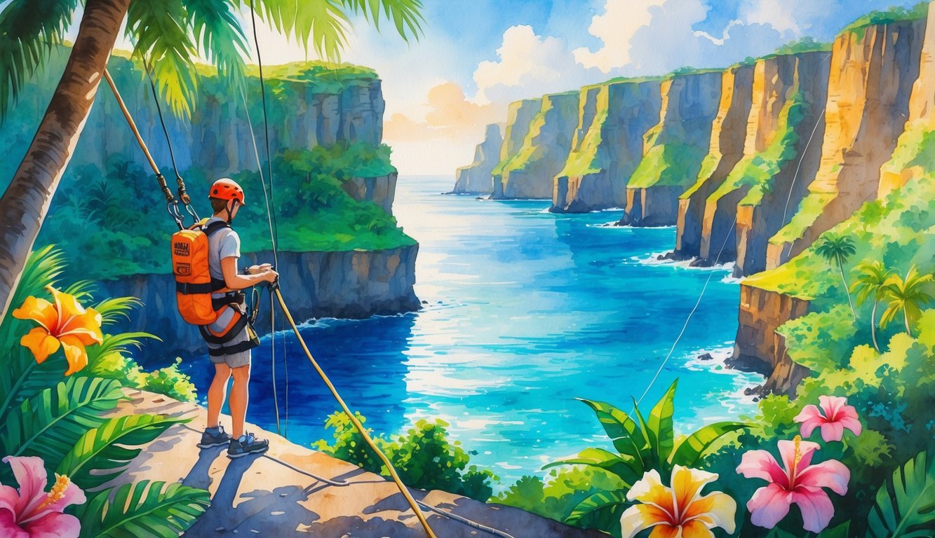 A person wearing safety gear is preparing to bungee jump from a cliff overlooking the ocean with tropical plants and a guide assisting nearby.