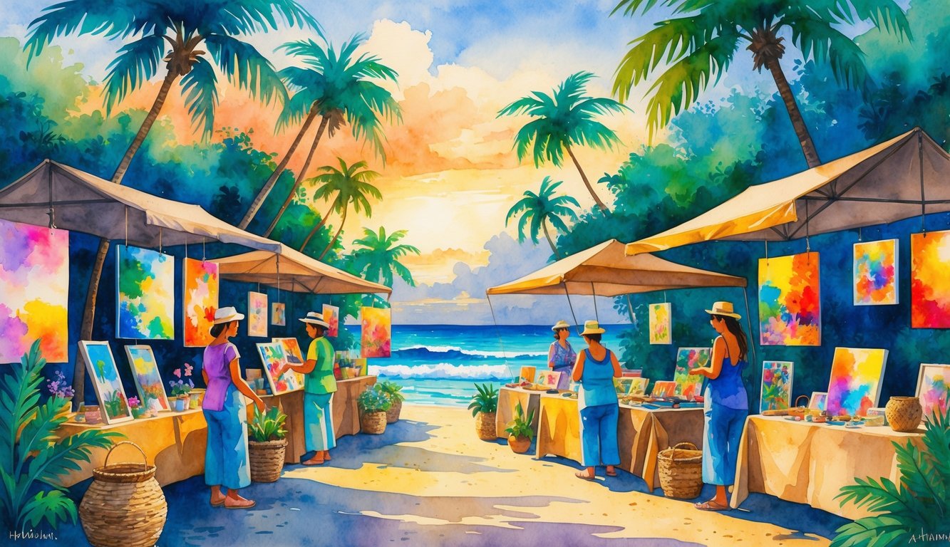 An outdoor market in Hawaii with artists selling paintings and crafts among palm trees and tropical flowers near the ocean.