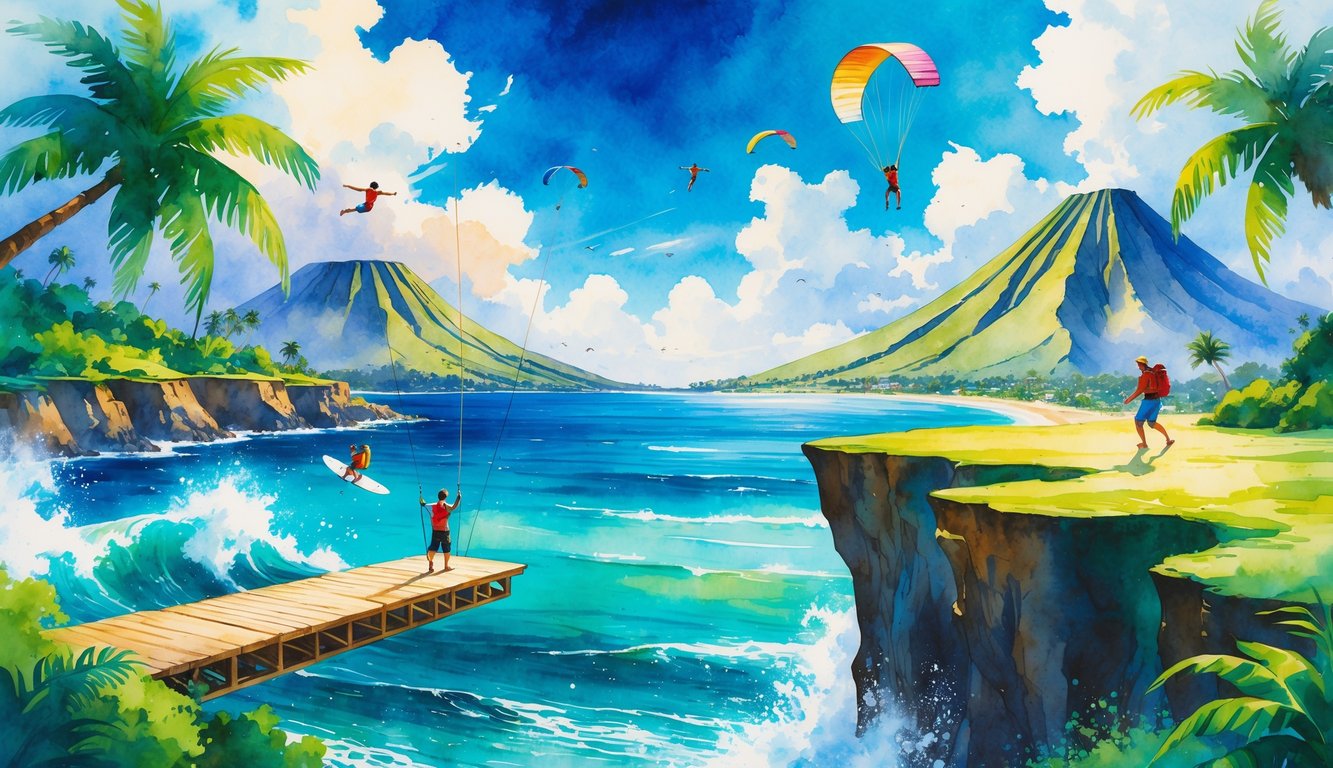 A person bungee jumping off a cliff over the ocean with a surfer, skydiver, and hiker nearby in a tropical Hawaiian landscape.