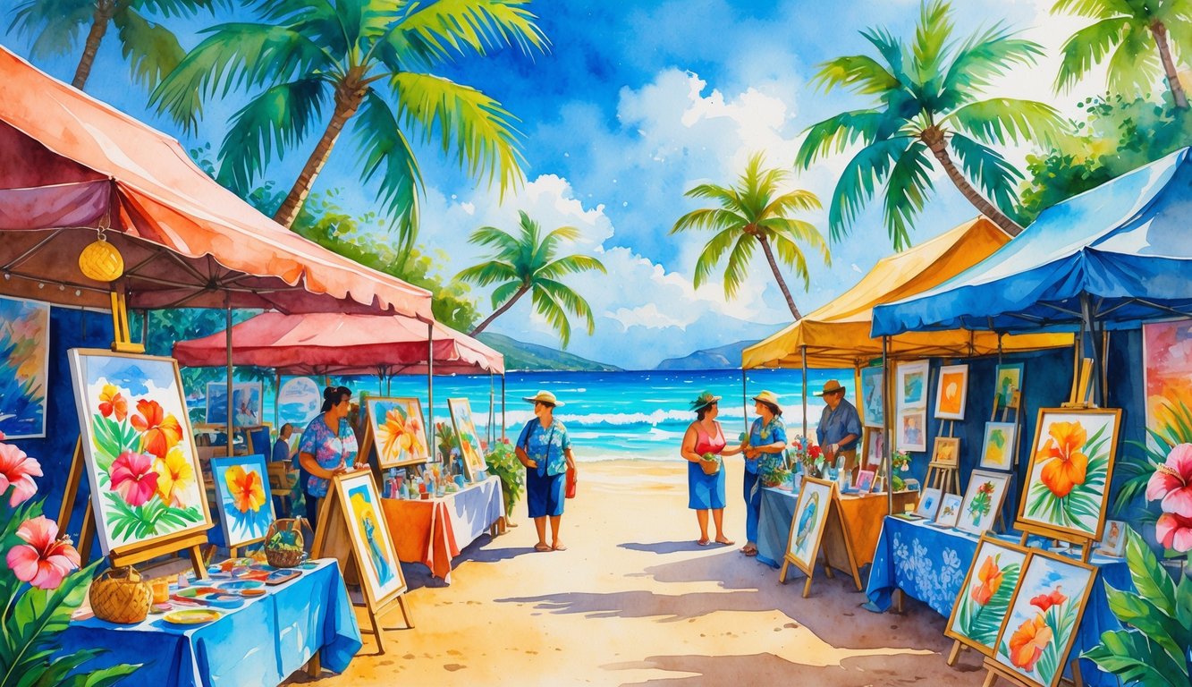 A lively outdoor market in Hawaii with artists displaying colorful artwork and tropical plants nearby, set against a beach and ocean background.