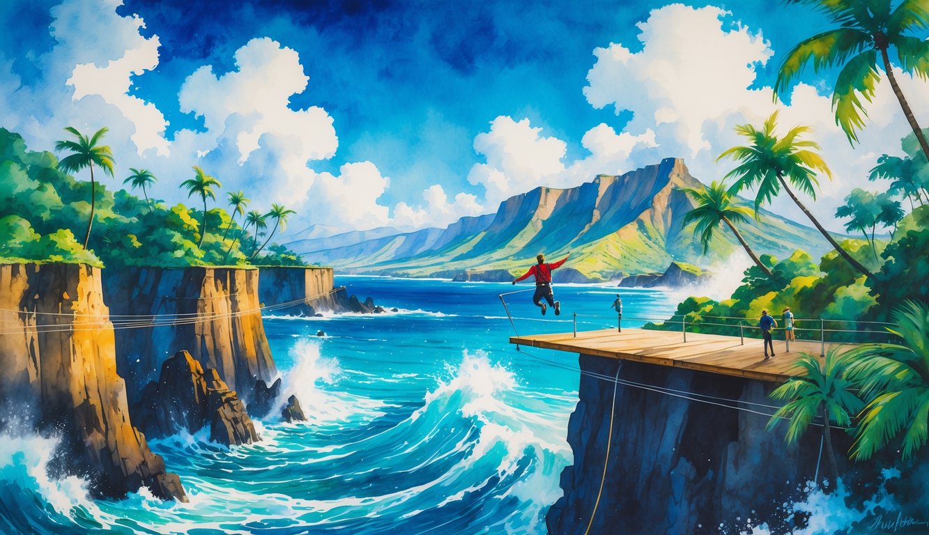 A person bungee jumping from a tall platform over ocean cliffs with tropical trees and mountains in the background.