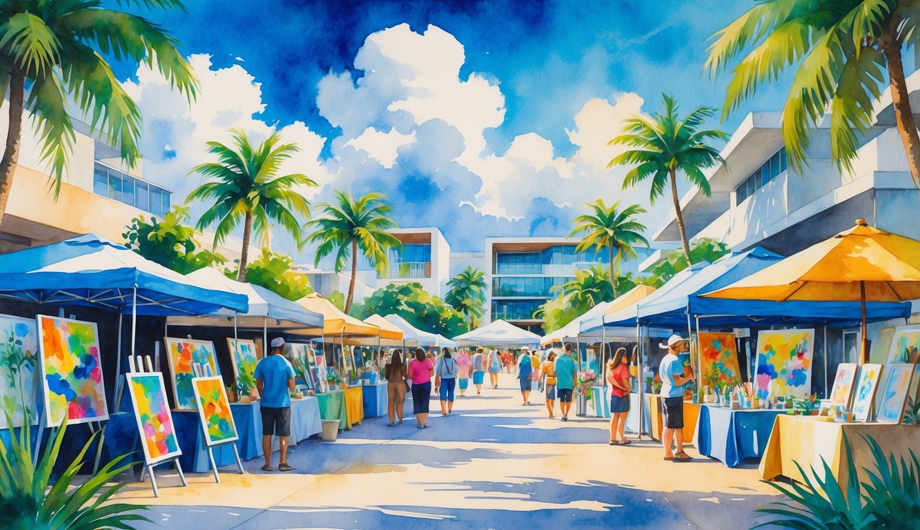 An outdoor market in Hawaii with people browsing colorful local art stalls surrounded by tropical plants and modern buildings.