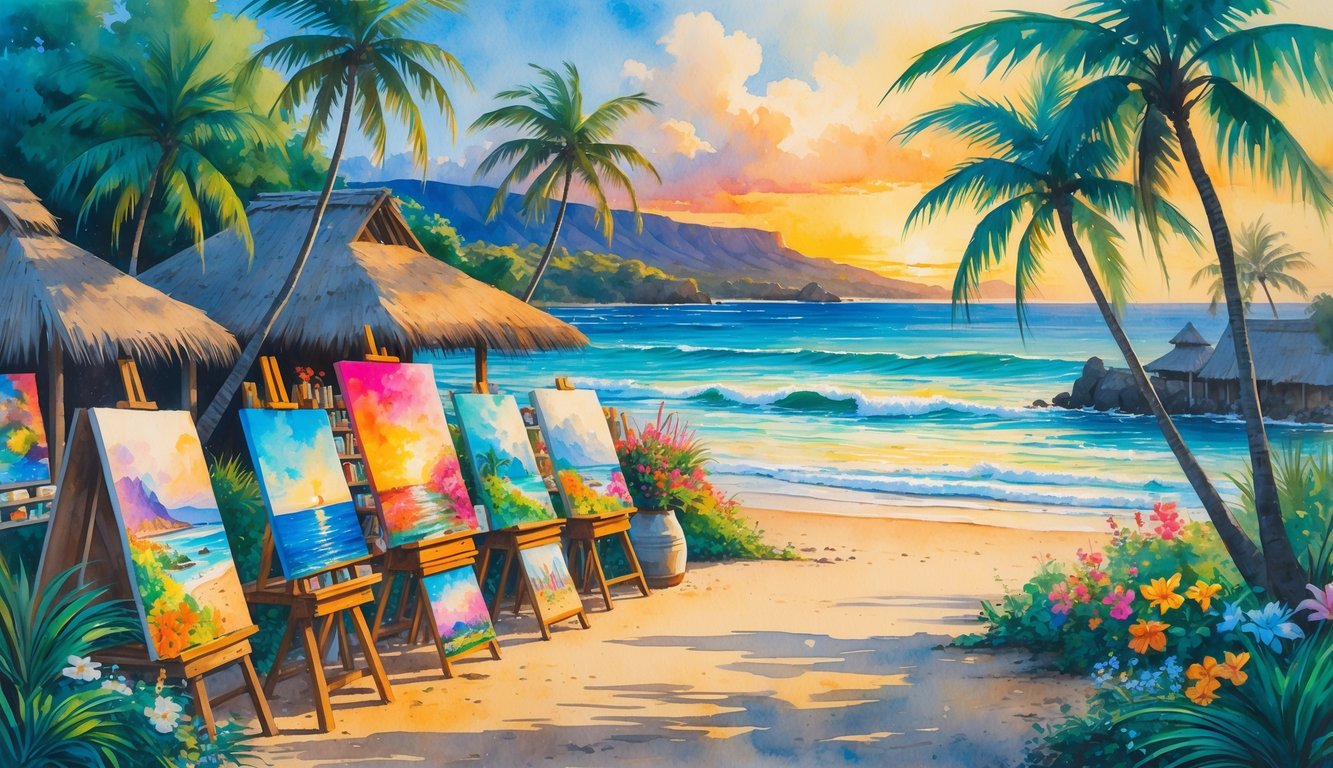 A coastal Hawaiian art market with artists displaying paintings and sculptures near the beach, surrounded by palm trees and tropical plants under a warm sunset sky.