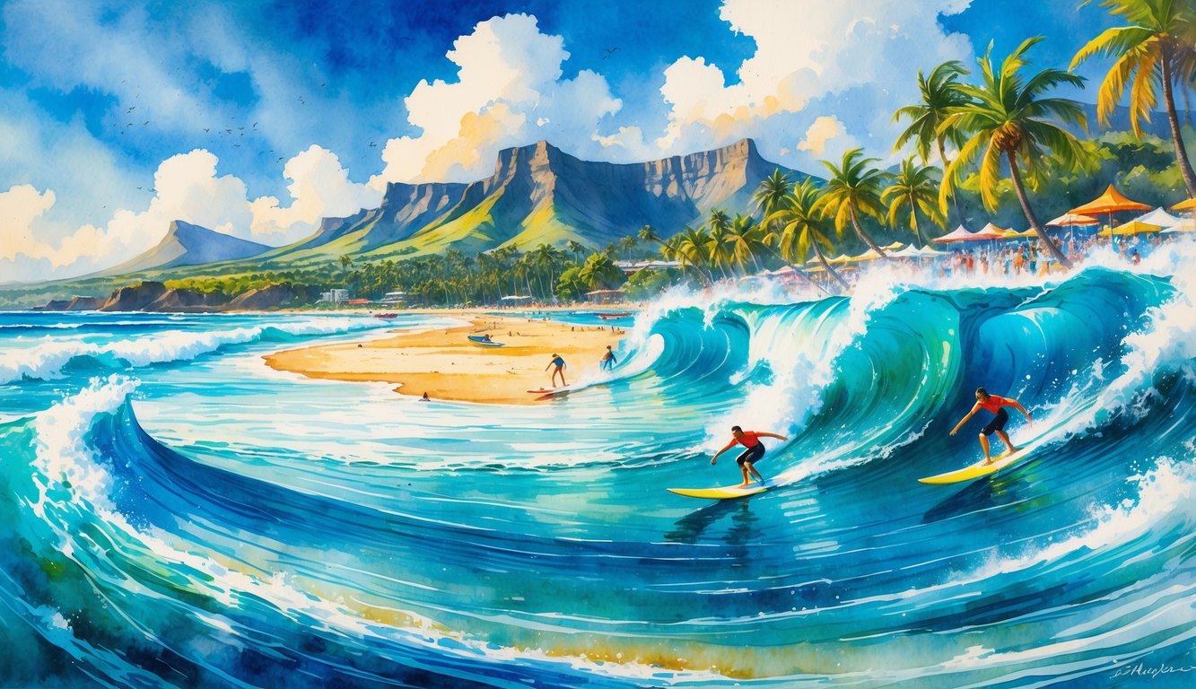 A coastal scene with surfers riding waves near a sandy beach lined with palm trees and mountains in the background.