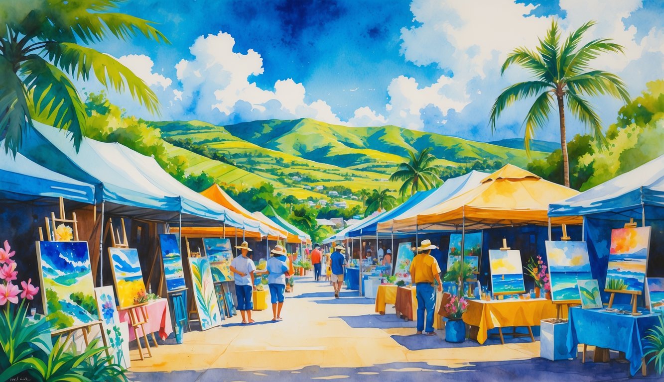 An outdoor art market in a tropical town with artists and visitors surrounded by greenery and hills.
