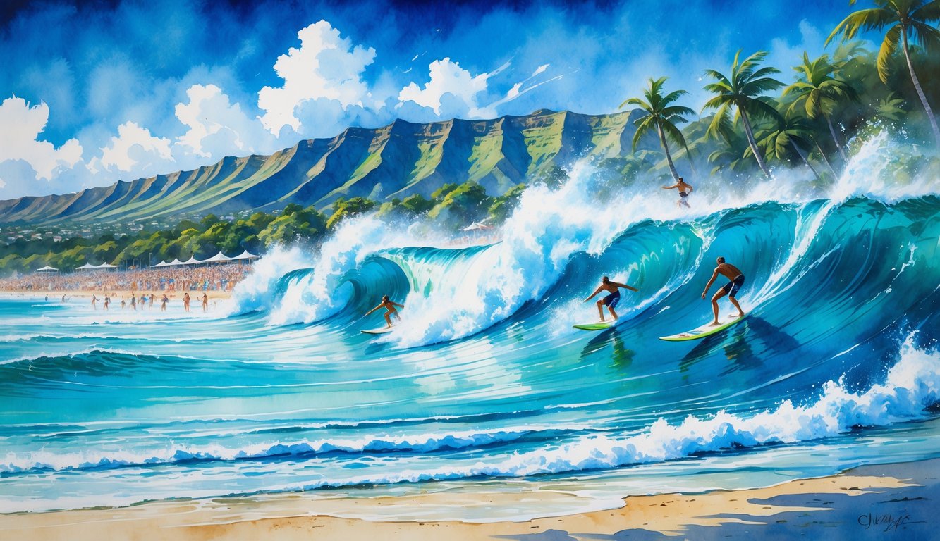 Surfers riding large waves near a tropical beach with mountains and spectators watching from the shore.
