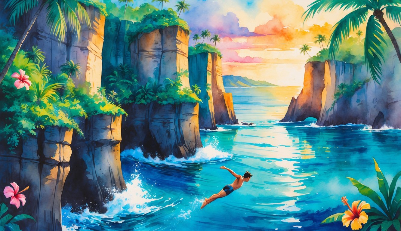 A person diving off a tall cliff into clear blue ocean water surrounded by green tropical vegetation and distant islands under a colorful sunset sky.