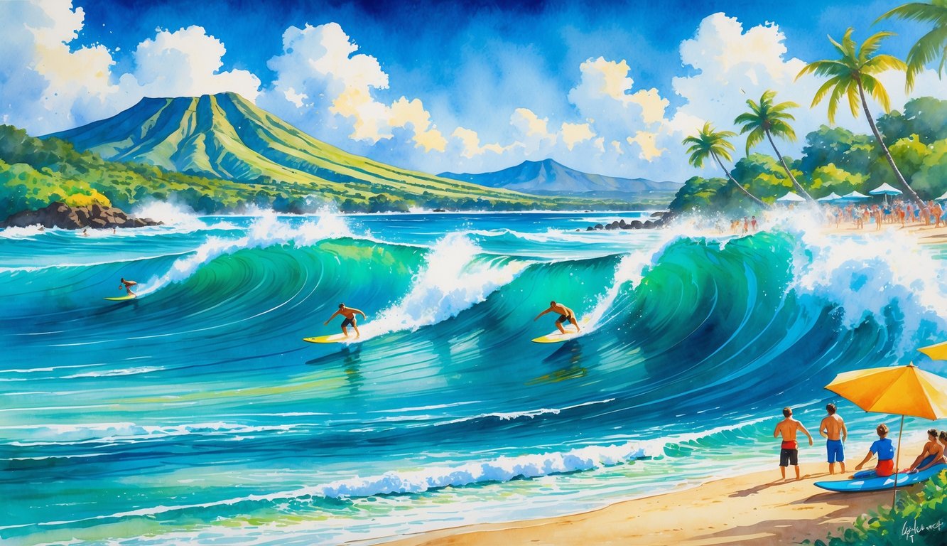 Surfers riding large waves near a tropical beach with mountains and spectators watching from the shore.