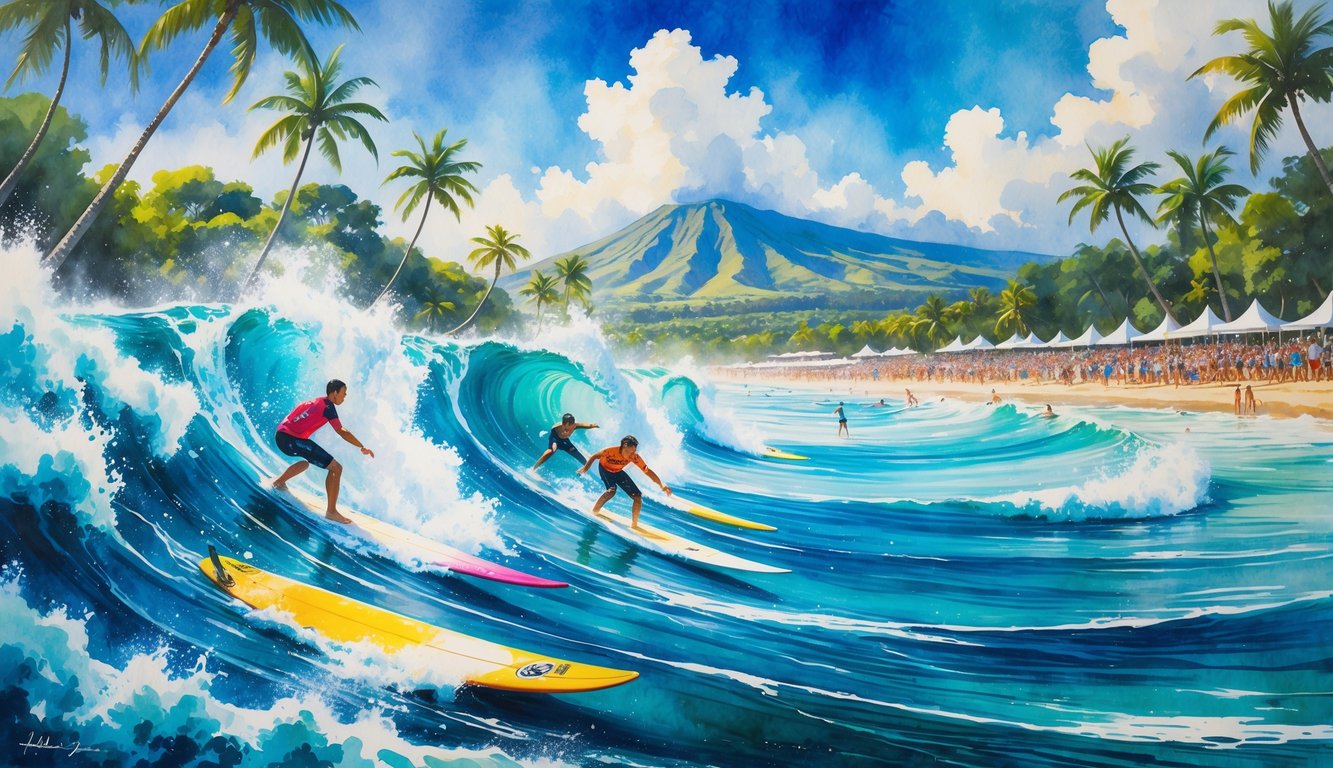 Surfers riding large waves near a tropical beach with palm trees and mountains in the background, with people watching from the shore.