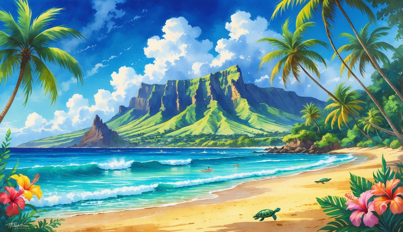 A sunny Hawaiian beach with palm trees, turquoise water, volcanic mountains, tropical flowers, surfers, and a sea turtle near the shore.