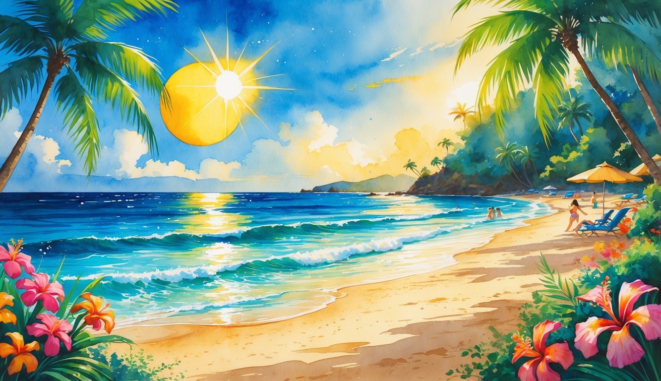 A sunny Hawaiian beach with palm trees, ocean waves, tropical flowers, and people enjoying the warm weather.