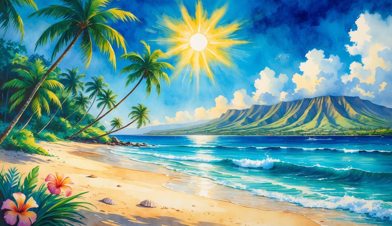 A tropical Hawaiian beach with palm trees, bright sun, turquoise ocean waves, sandy shore, colorful flowers, and distant volcanic mountains under a clear sky.