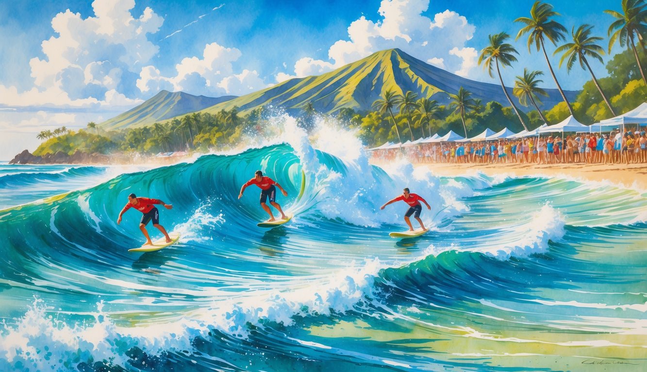 Surfers riding large waves near a tropical Hawaiian beach with palm trees and mountains in the background, watched by people on the shore.