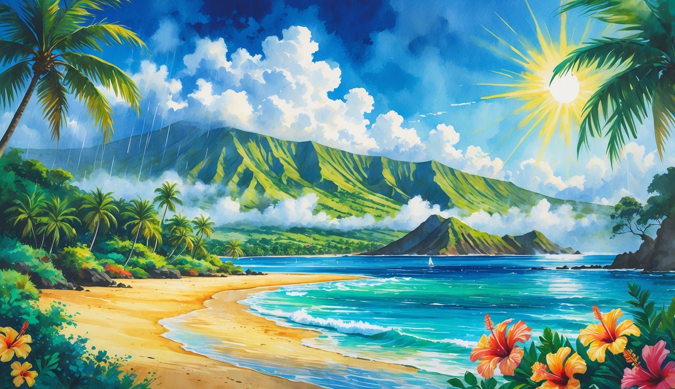 A tropical island with sunny beaches, palm trees, mountains, and clouds showing different weather conditions including sunshine and light rain.