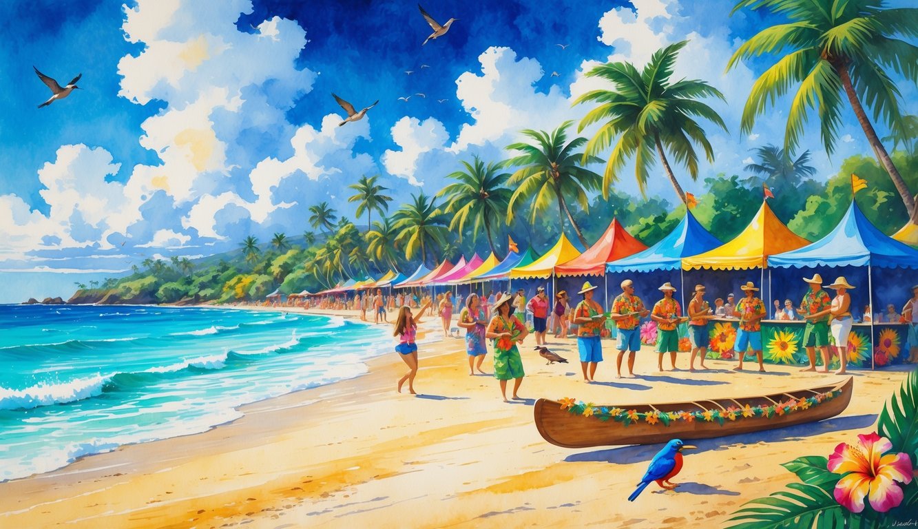 A sunny Hawaiian beach with palm trees, people enjoying a festival with music, dancing, and colorful decorations near the ocean.