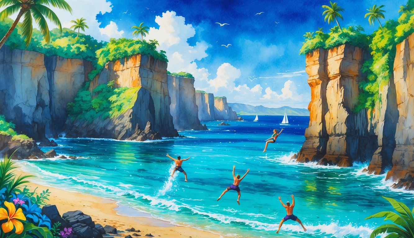 Cliff divers jumping from high volcanic cliffs into clear blue ocean water surrounded by tropical vegetation and palm trees under a sunny sky.