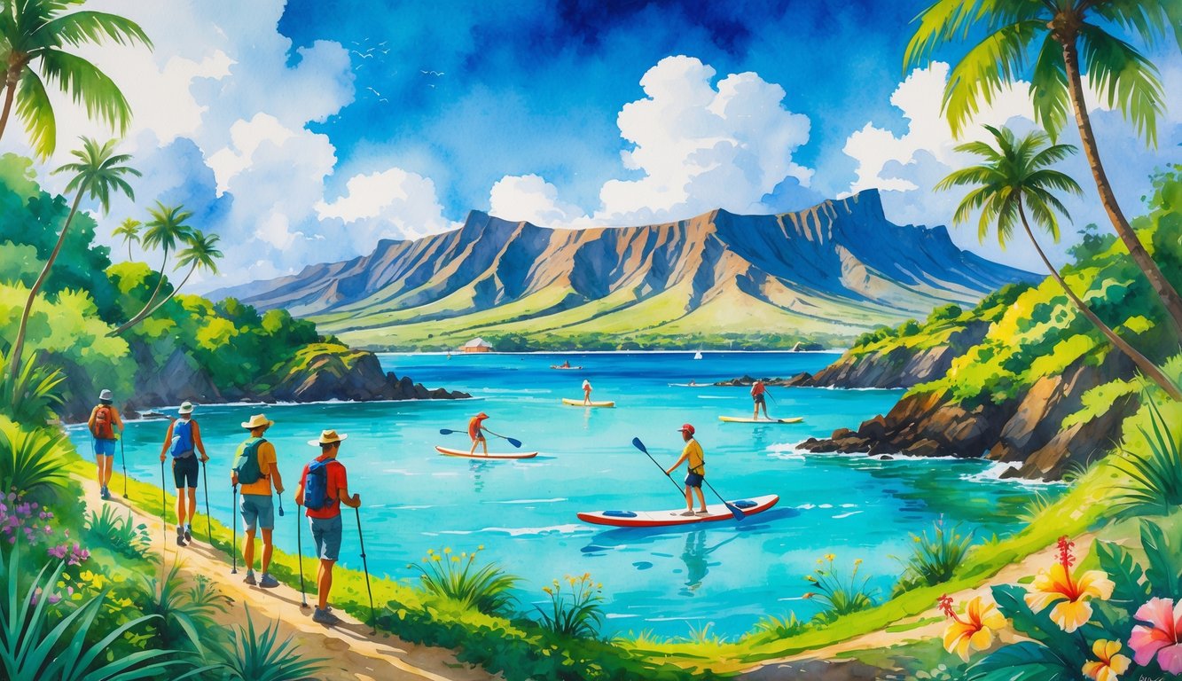 People hiking, paddleboarding, and cycling in a lush Hawaiian landscape with mountains, palm trees, and clear blue sky.