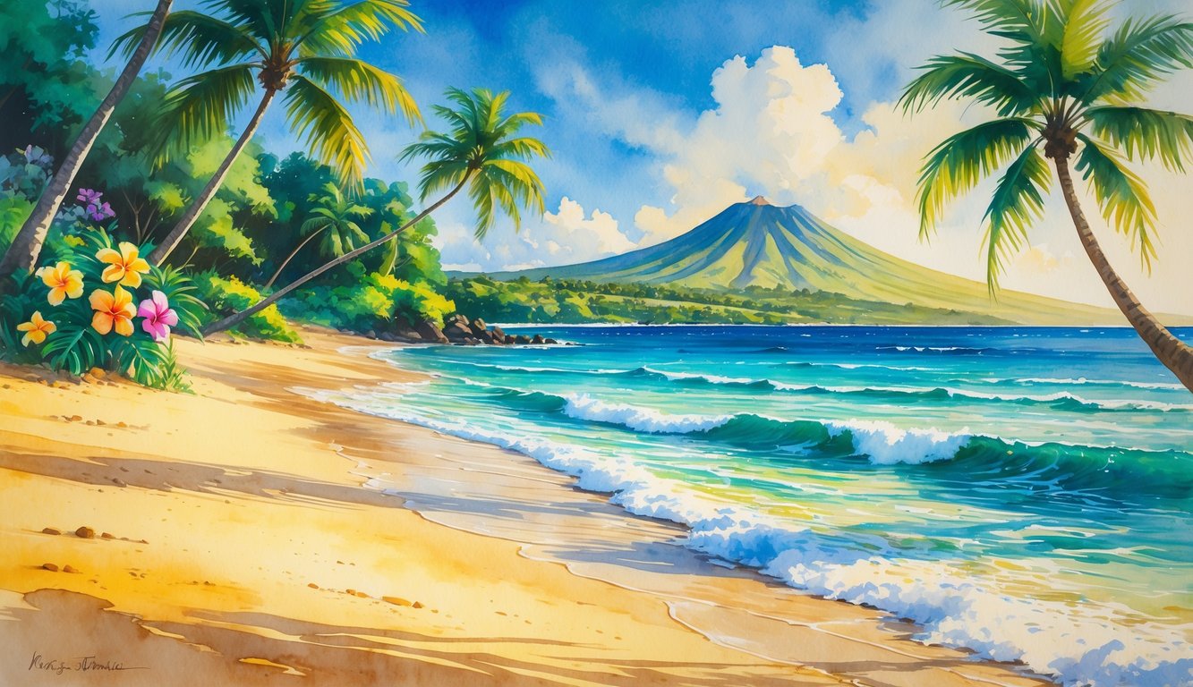 A sunny Hawaiian beach with palm trees, colorful flowers, gentle waves, and a distant volcano under a clear blue sky.