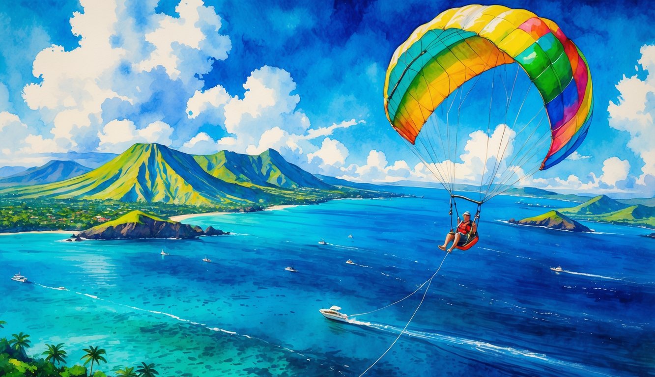 A person parasailing over blue ocean waters near green tropical islands with mountains in the background.