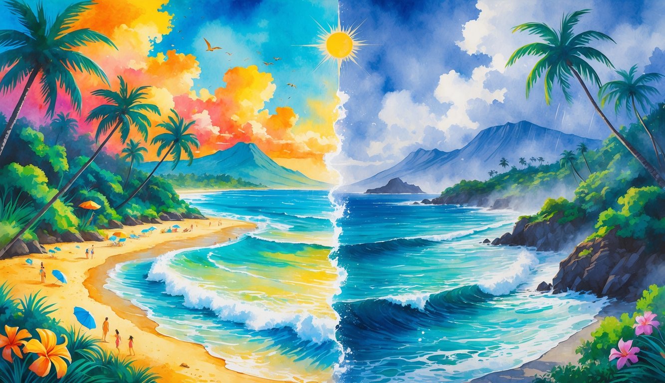 A tropical Hawaiian beach scene split into two halves showing bright sunny weather with people on the beach on one side, and a cooler, misty shoreline with rain and mountains on the other.
