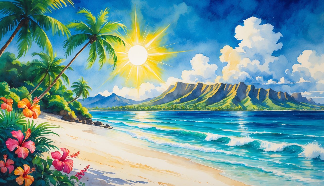 A tropical Hawaiian beach with palm trees, clear blue ocean, white sand, colorful flowers, and volcanic mountains under a sunny sky.