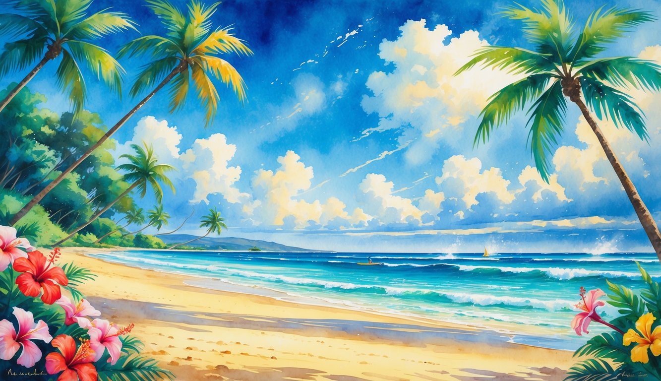 A sunny Hawaiian beach with palm trees, colorful tropical flowers, clear blue ocean, and surfers riding waves under a bright sky.
